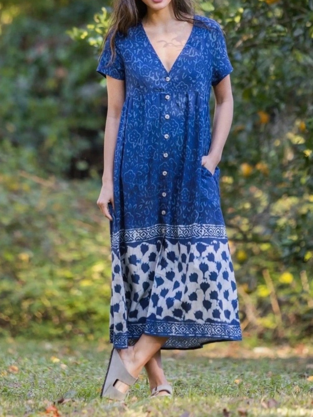 Natural Life Button Down Floral Cottagecore Avery Midi Dress In Blue Size M‎
